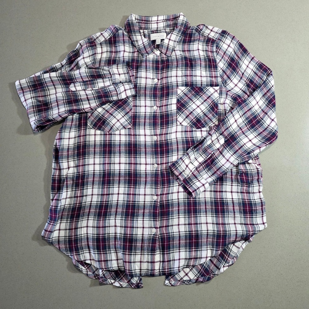 Lucky Brand Womens Plaid Button Down Shirt Long Sleeve L Burgundy White Navy